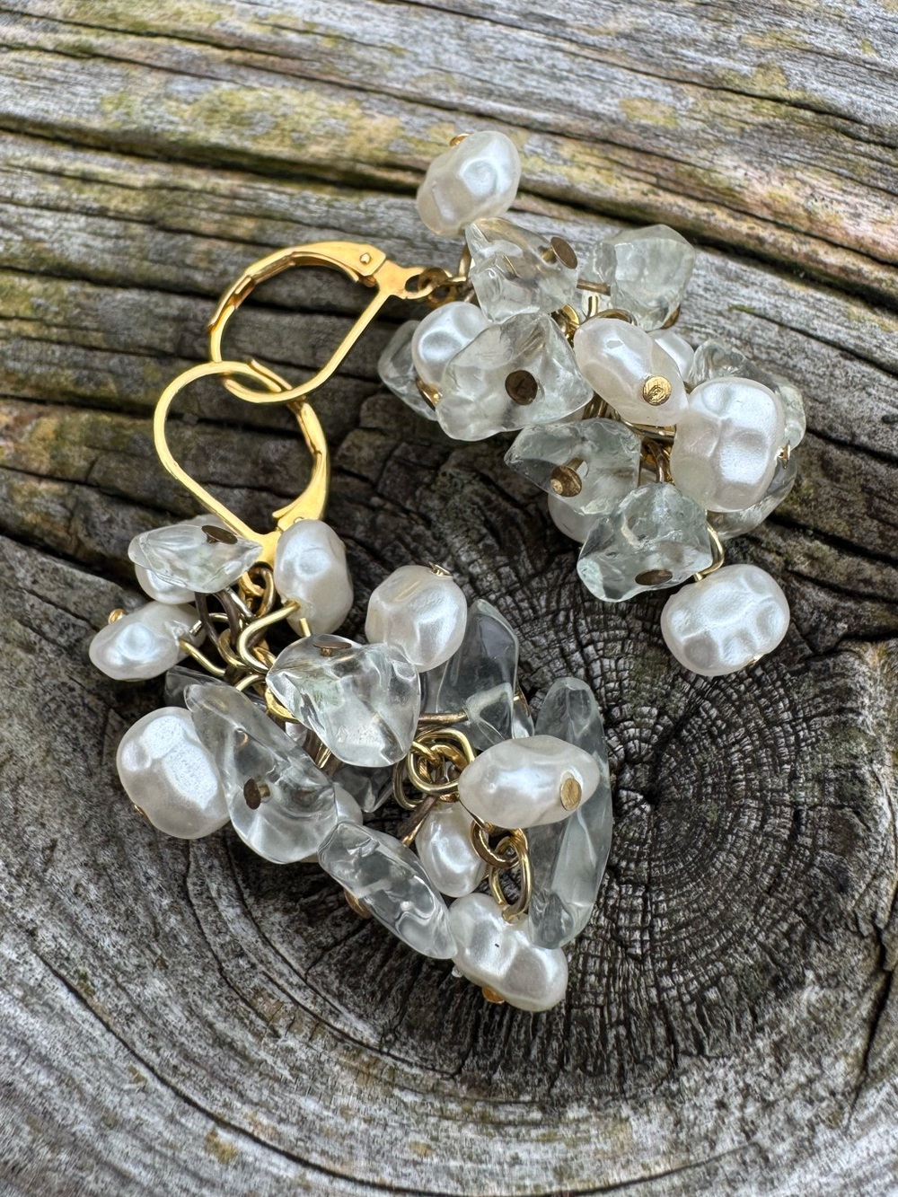 Hand Crafted Gold-Tone Cluster Earrings with Clear Chips and White Faux Pearls